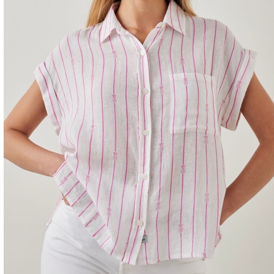 Nwt Rails Whitney Pink Pineapple Stripe Lightweight Relaxed Button Front Sz L